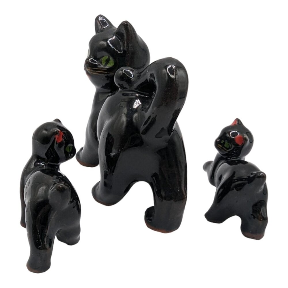 Vintage Ceramic Black Cats Mama with Two Kittens Kitschy Figurines MCM Redware - Picture 11 of 13